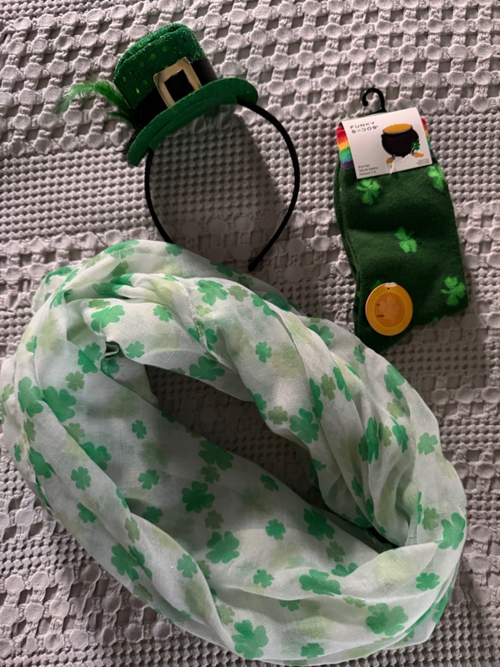 St. Patrick's Shamrock Infinity Scarf + Green Headband & Socks Set